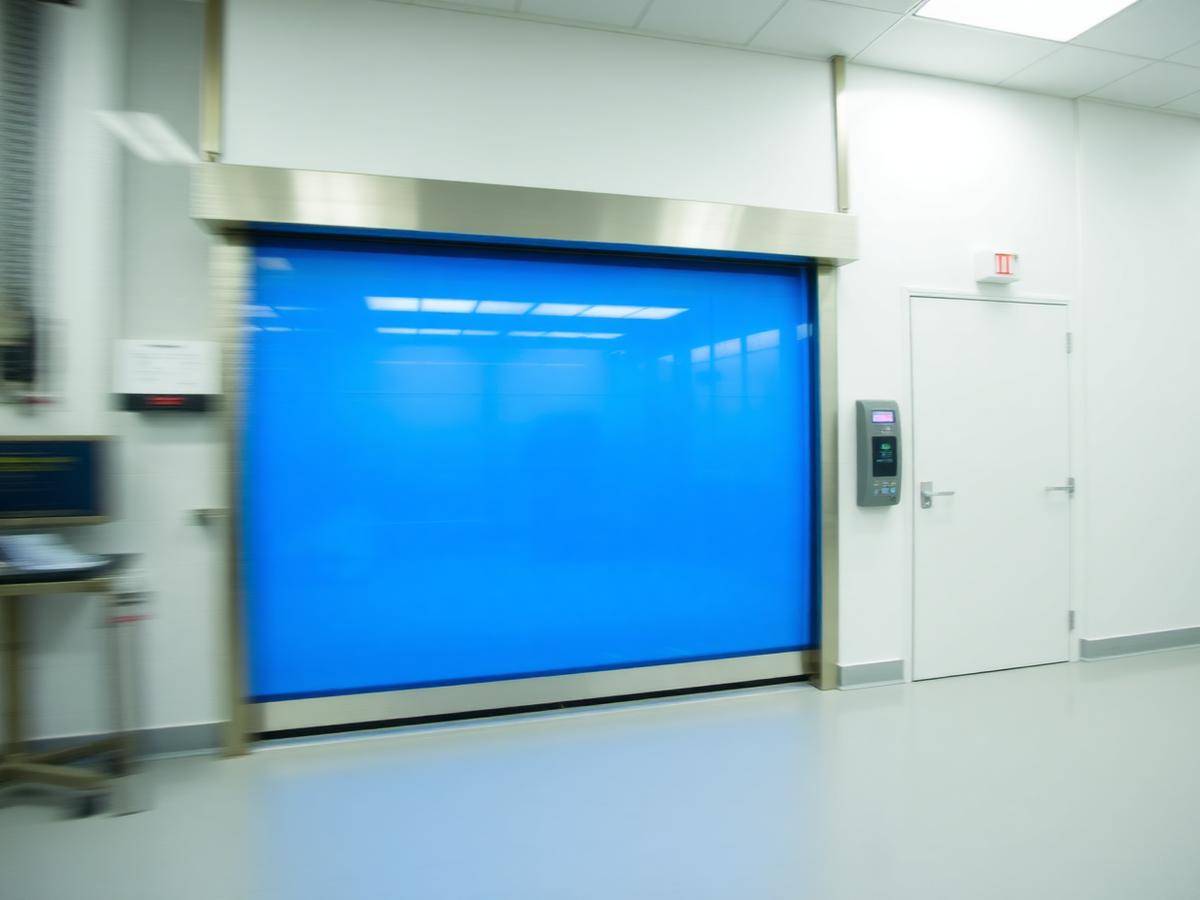 Blue high speed rapid roll door in a clean facility